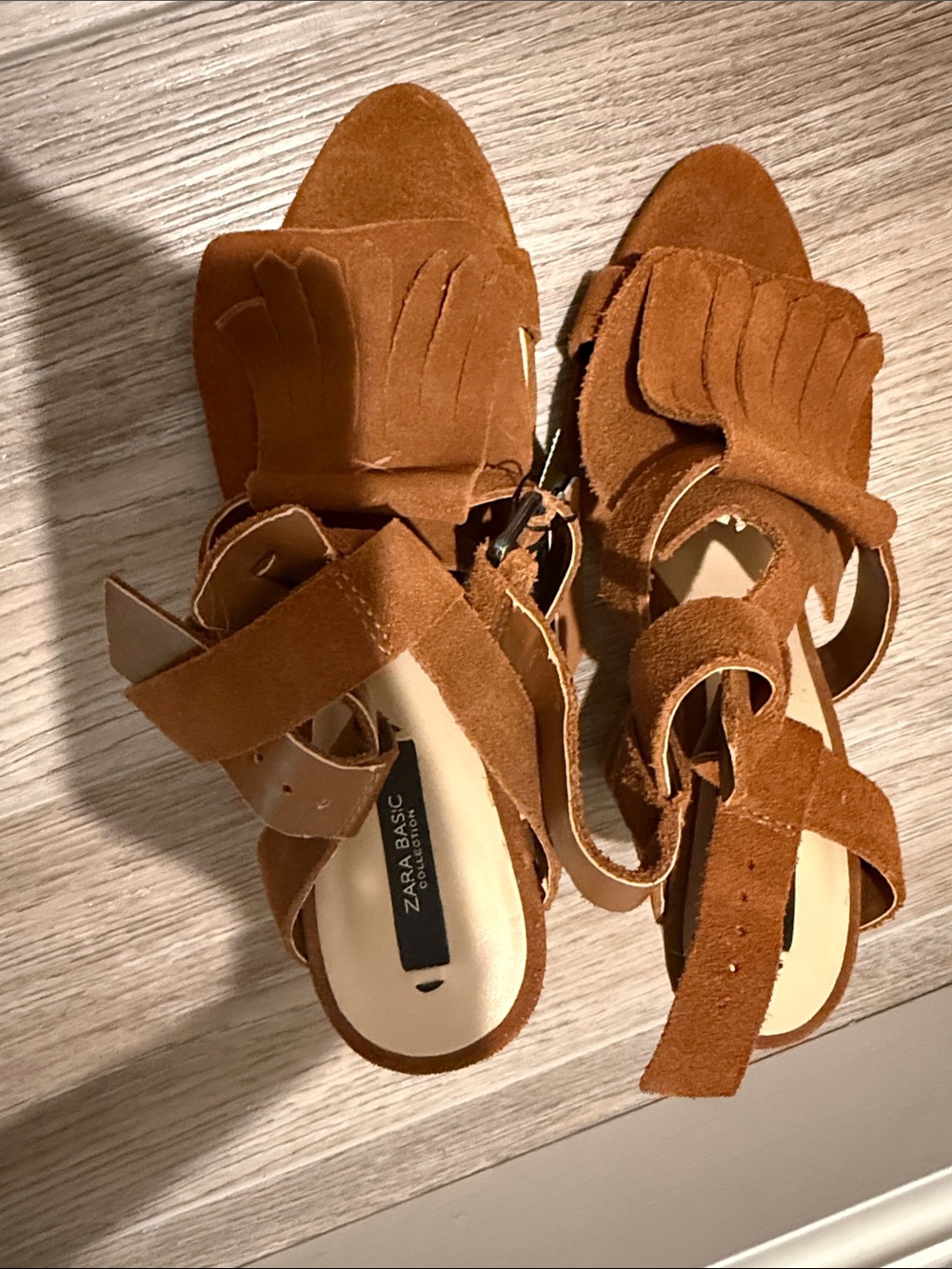 Zara Tan Suede Fringe Ankle-Strap Sandals - Women